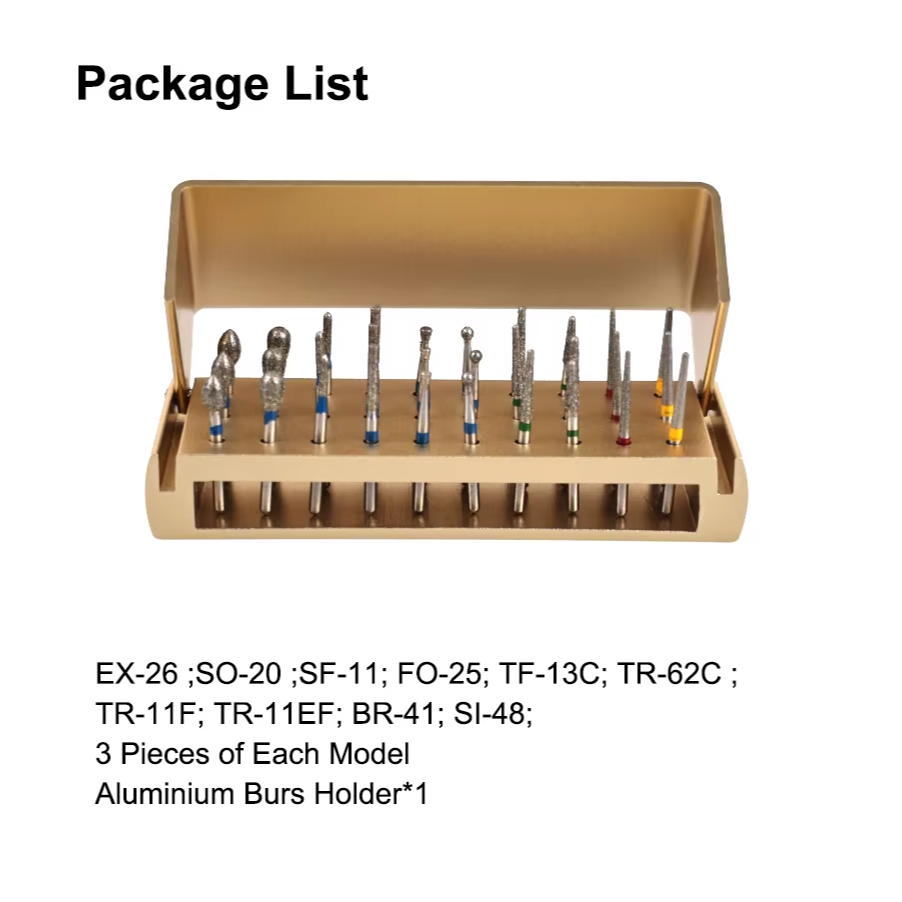 30Pcs/Set Dental Diamond Burs Kit with Holder for High Speed HandpiecePolishing Drillls + 1pcs Aluminum Disinfection Holder Bloc