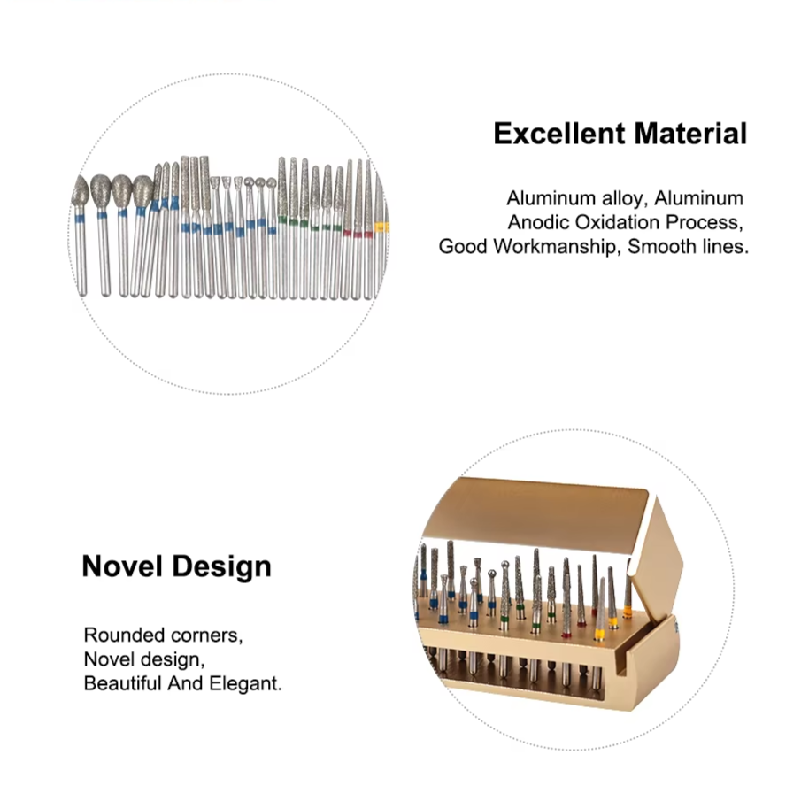 30Pcs/Set Dental Diamond Burs Kit with Holder for High Speed HandpiecePolishing Drillls + 1pcs Aluminum Disinfection Holder Bloc