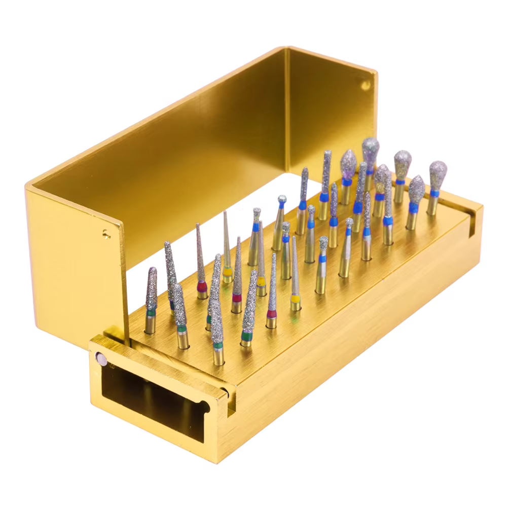30Pcs/Set Dental Diamond Burs Kit with Holder for High Speed HandpiecePolishing Drillls + 1pcs Aluminum Disinfection Holder Bloc