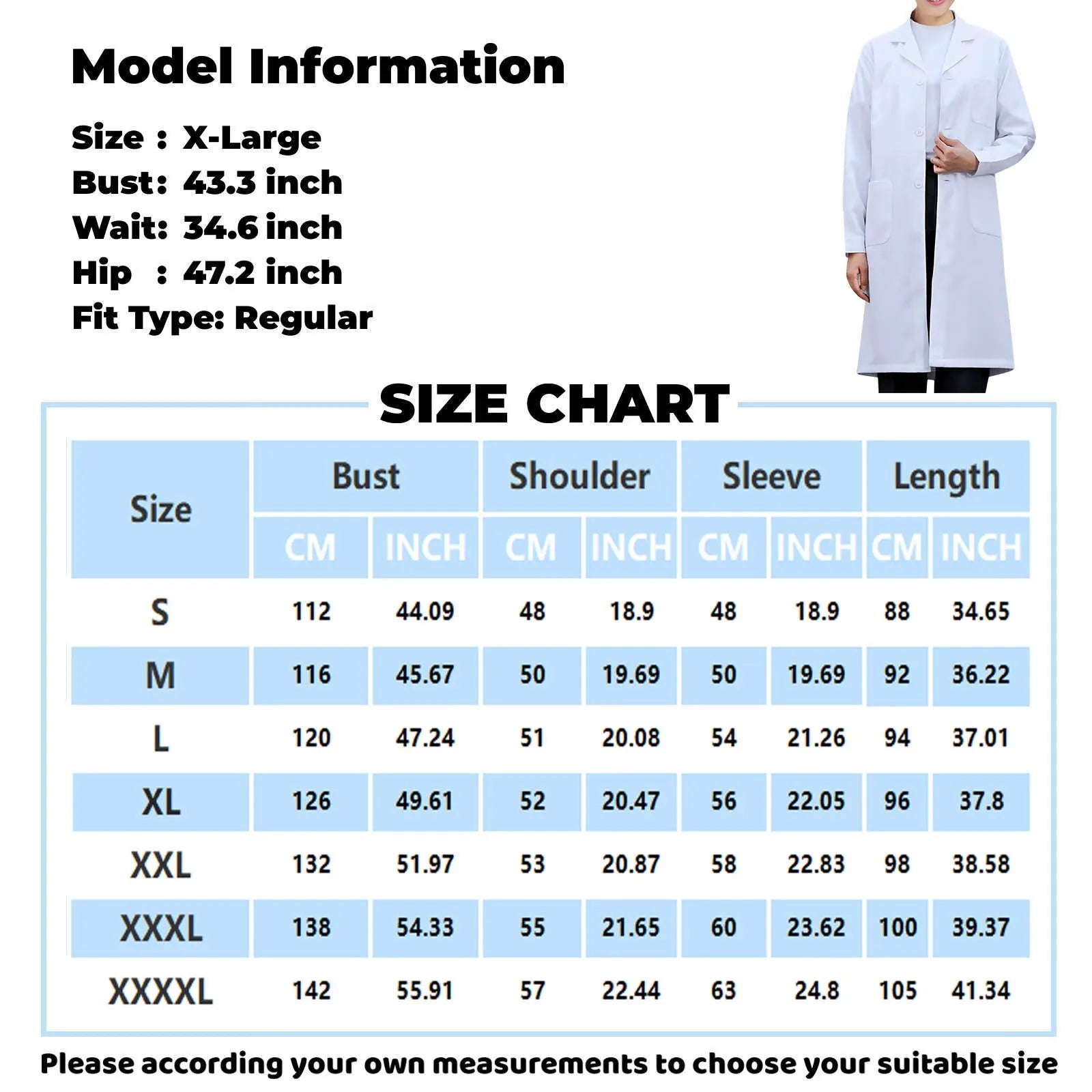 Women Men Unisex Long Sleeve White Lab Coat Notched Lapel Collar Button Down Medical Nurse Doctor Uniform Tunic Blouse