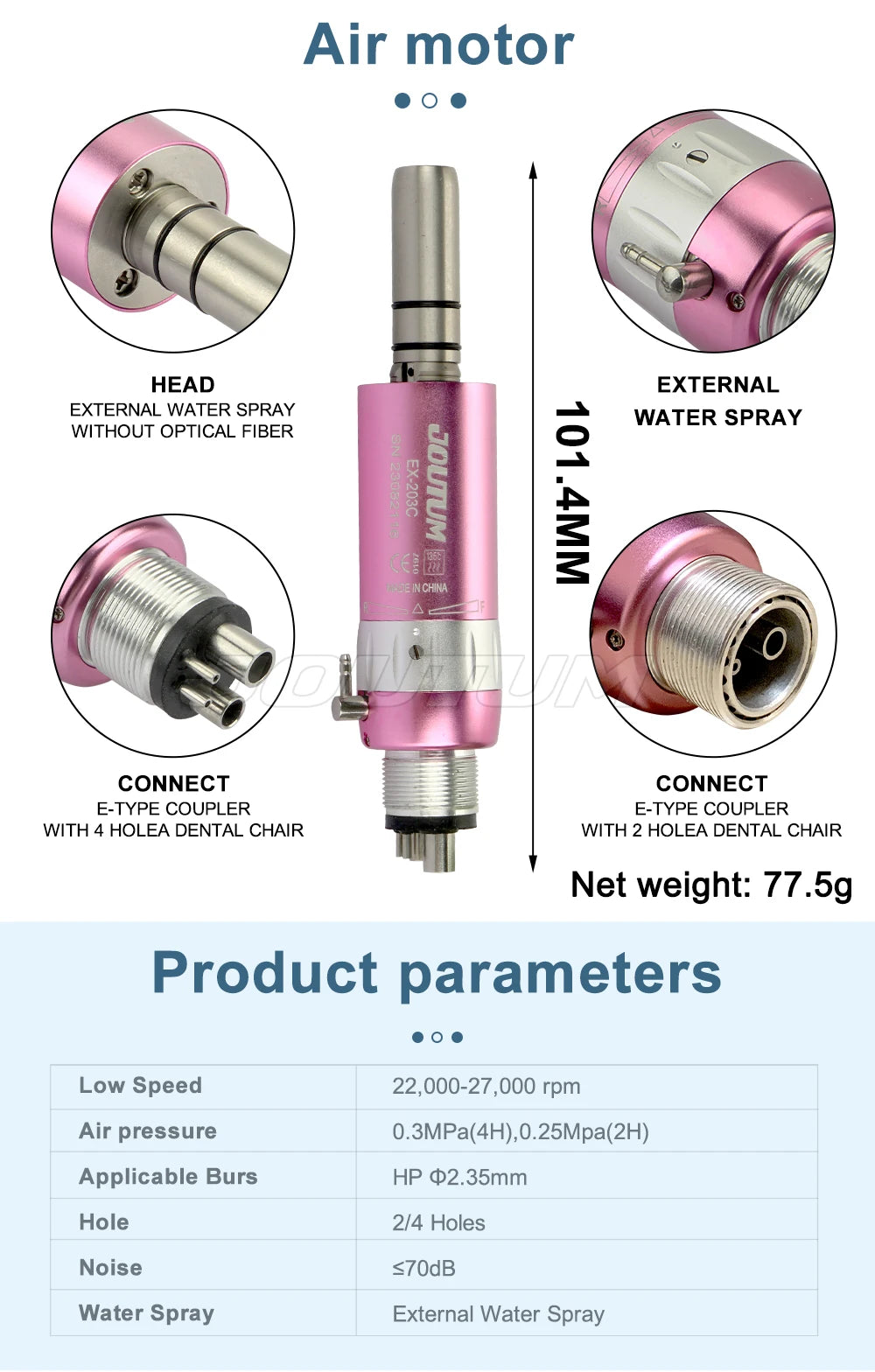 Dental High & Low Speed Handpiece Kit Straight Contra Angle Single Water Spary Air Turbine 4 Hole 2 Hole Pink Color Lab