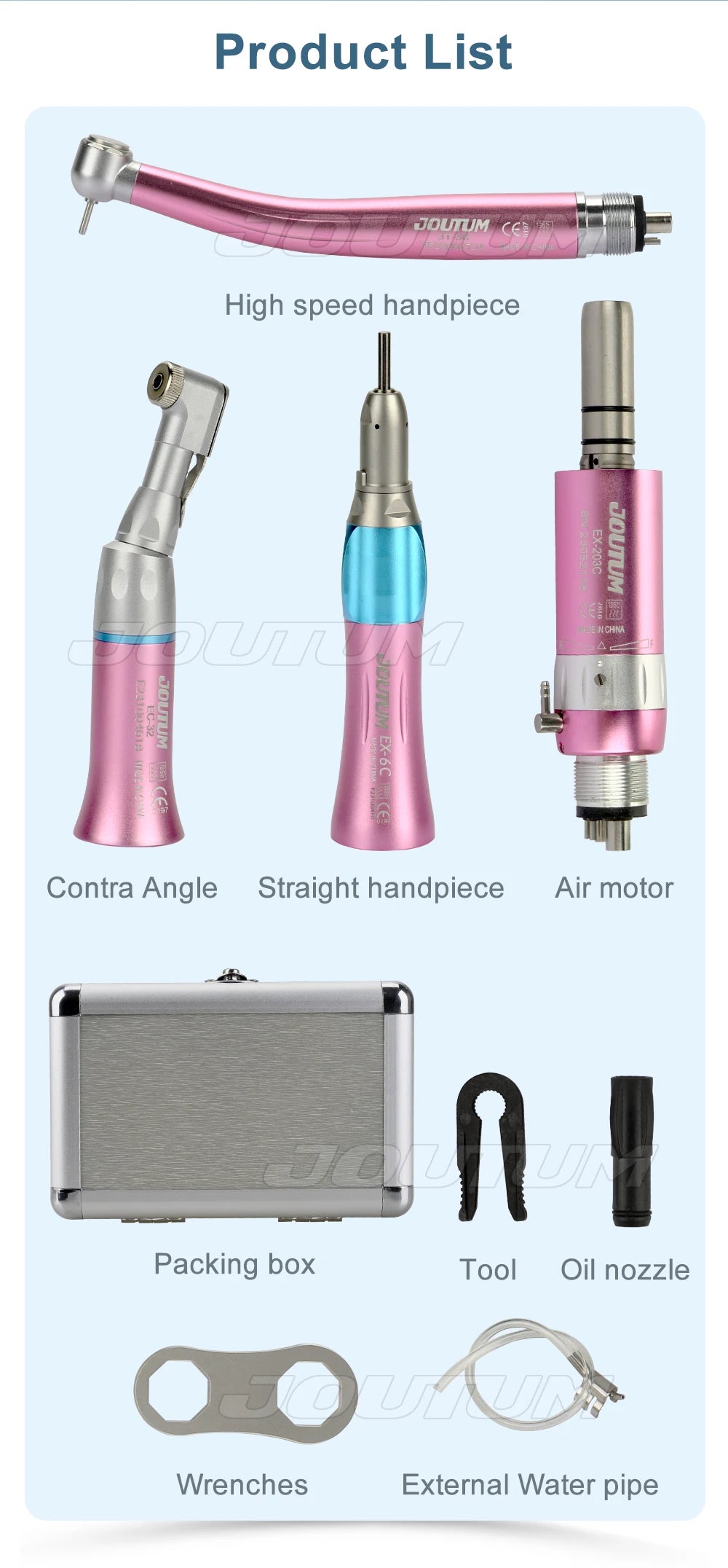 Dental High & Low Speed Handpiece Kit Straight Contra Angle Single Water Spary Air Turbine 4 Hole 2 Hole Pink Color Lab