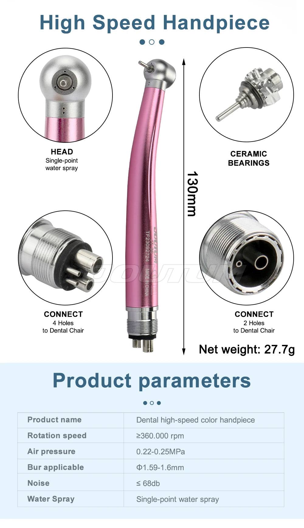 Dental High & Low Speed Handpiece Kit Straight Contra Angle Single Water Spary Air Turbine 4 Hole 2 Hole Pink Color Lab