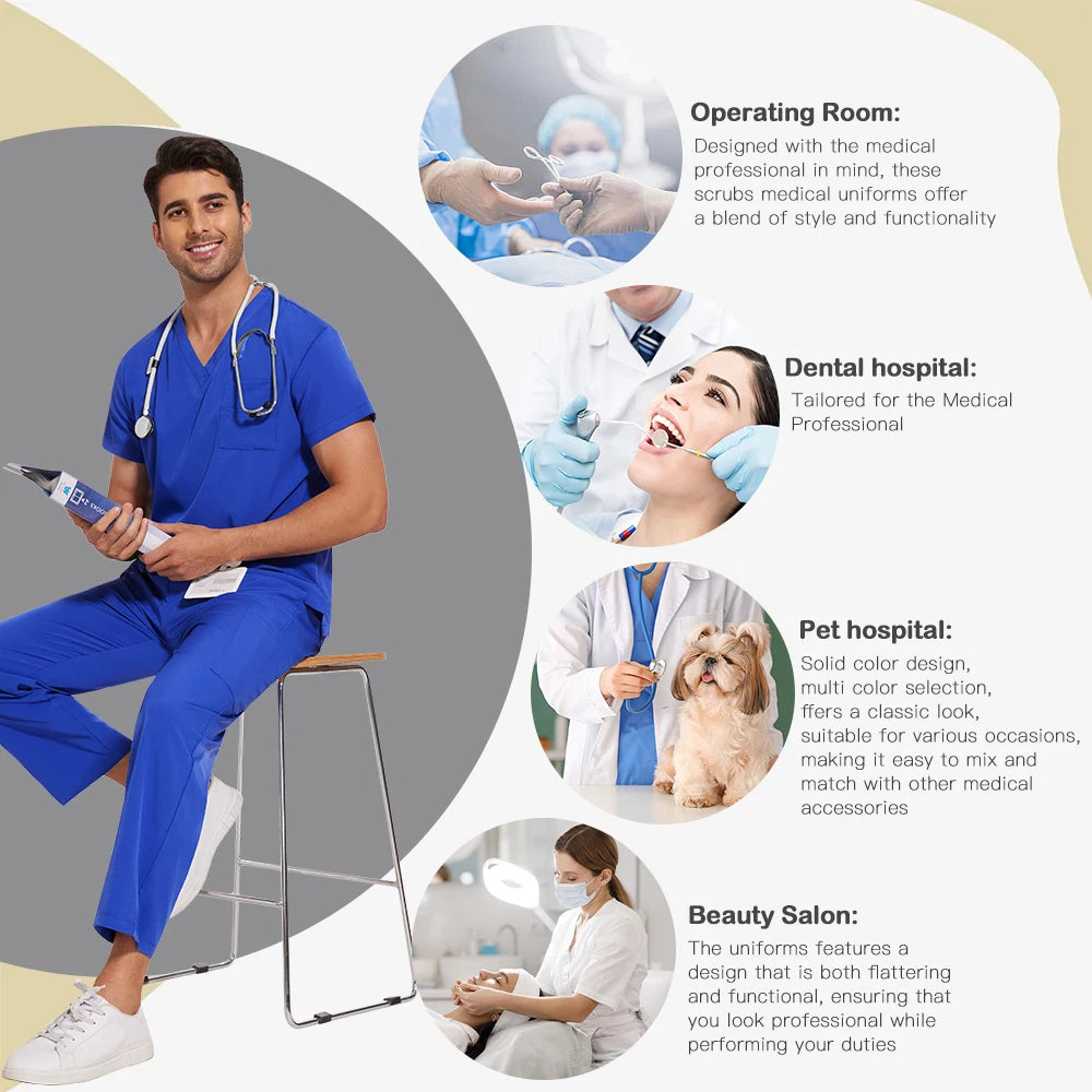 Unisex Medical Uniforms Men Women Nursing Clothes Lab Beauty Costume Nurse Scrubs Set Doctor Dentist Workwear Clinical Top Pants