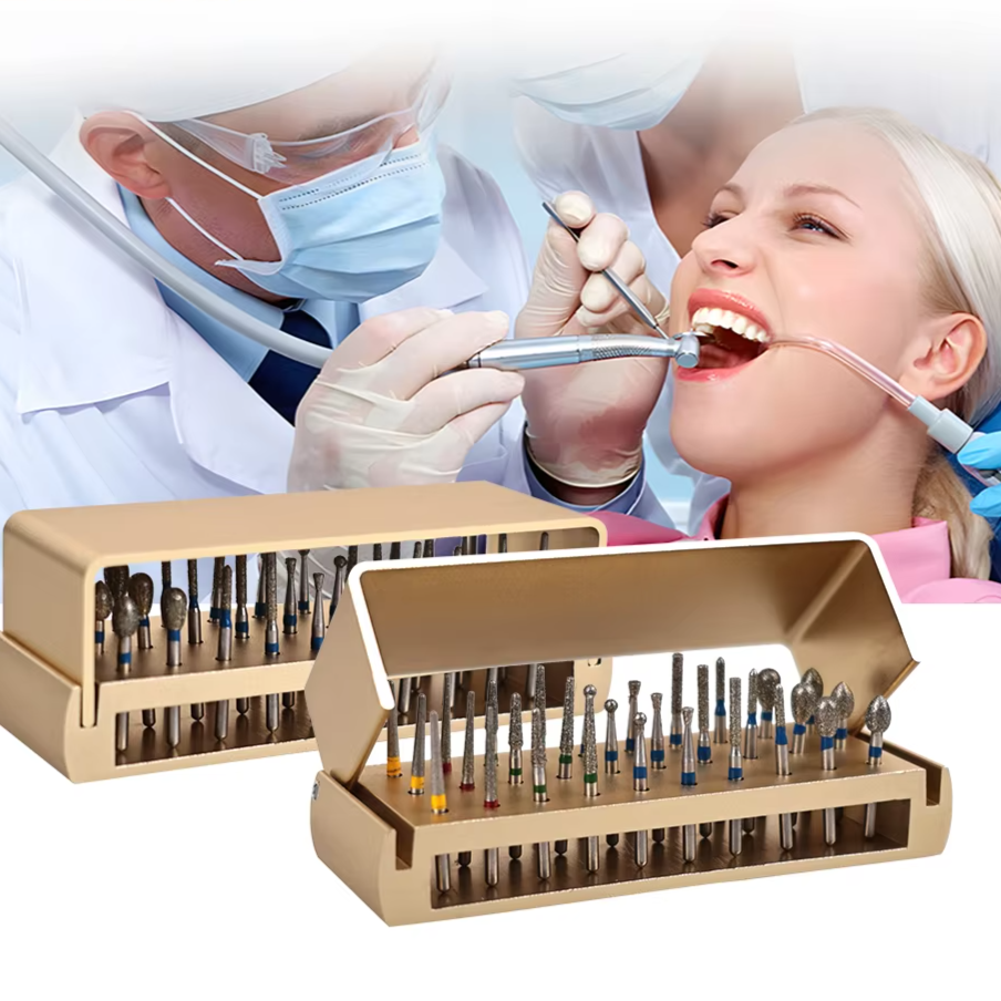 30Pcs/Set Dental Diamond Burs Kit with Holder for High Speed HandpiecePolishing Drillls + 1pcs Aluminum Disinfection Holder Bloc