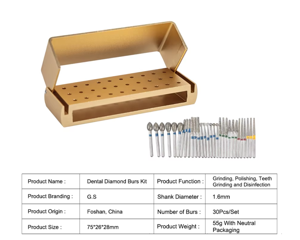 30Pcs/Set Dental Diamond Burs Kit with Holder for High Speed HandpiecePolishing Drillls + 1pcs Aluminum Disinfection Holder Bloc
