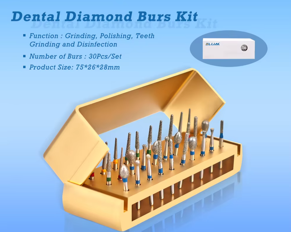 30Pcs/Set Dental Diamond Burs Kit with Holder for High Speed HandpiecePolishing Drillls + 1pcs Aluminum Disinfection Holder Bloc