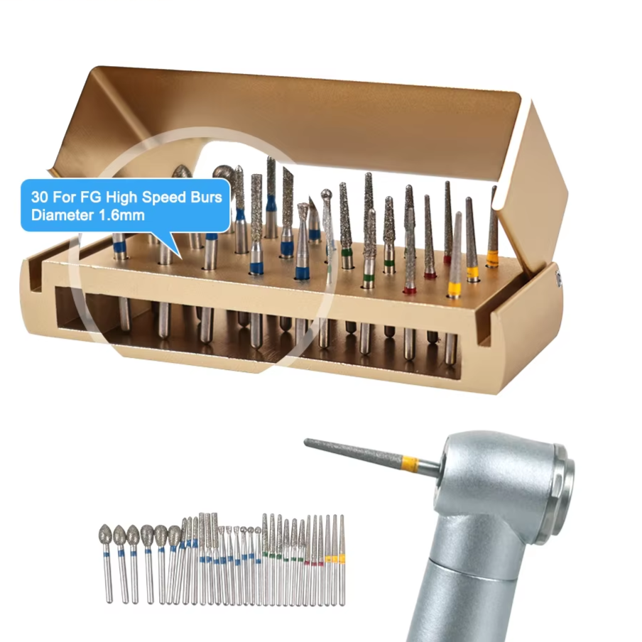 30Pcs/Set Dental Diamond Burs Kit with Holder for High Speed HandpiecePolishing Drillls + 1pcs Aluminum Disinfection Holder Bloc